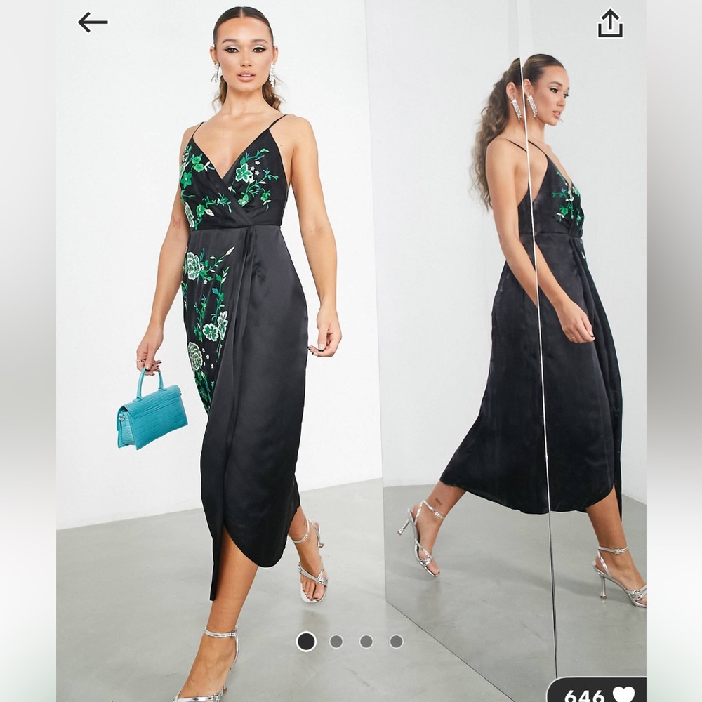 ASOS EDITION satin drape side midi dress with floral embroidery
